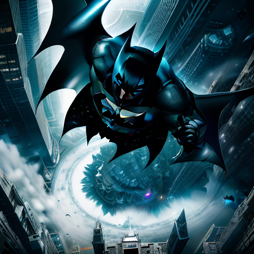 A dramatic aerial view showing Batman wielding a shining batarang and Superman exhaling a forceful wind, the alien creature crouched between them, surrounded by swirls of dust and debris.